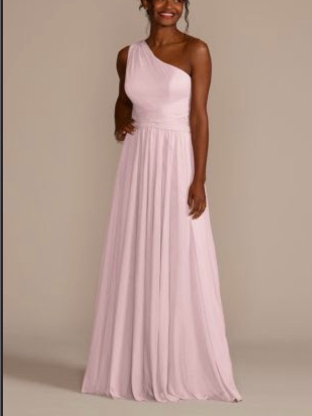 David's Bridal One-Shoulder Pale Pink Formal Gown
